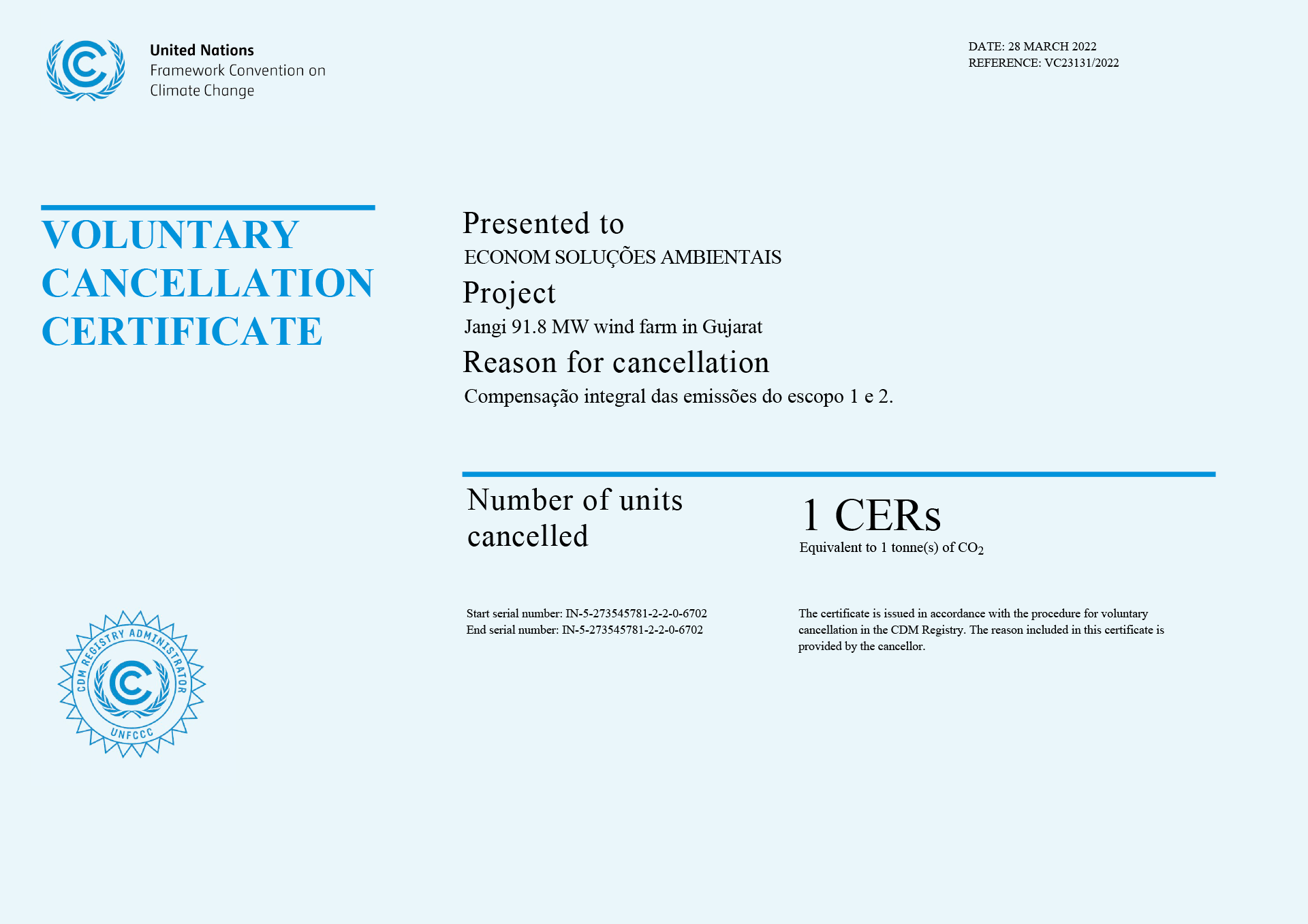Voluntary Cancellation Certificate